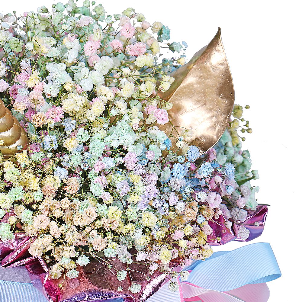 gypsophila (11 pcs.), oasis, decorative elements, packaging, ribbon