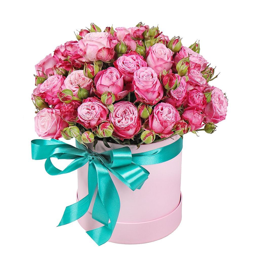 spray roses (9 pcs.), oasis, round box, packaging, ribbon