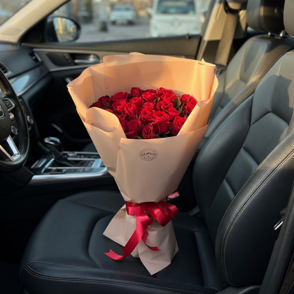 red rose (25 pcs.), packaging, ribbon