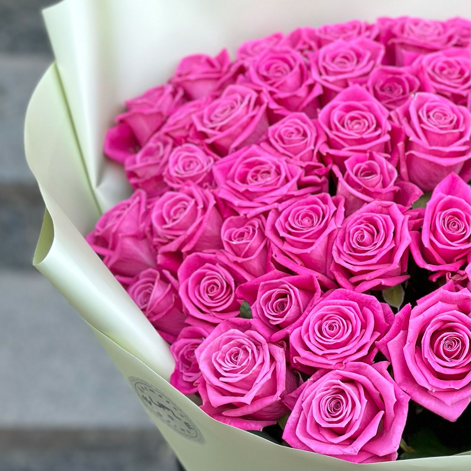 pink rose (51 pcs.), packaging, ribbon