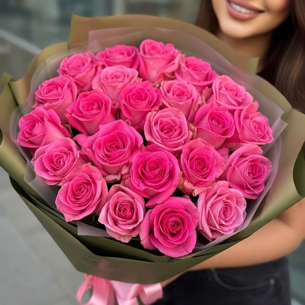 pink rose (15 pcs.), packaging, ribbon