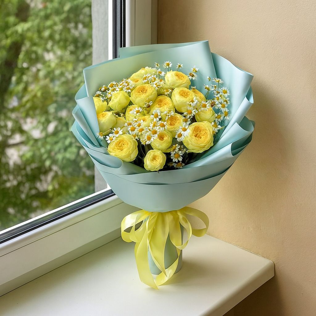 yellow rose, peony bubbles (7 pcs.), tanacetum, packaging, ribbon