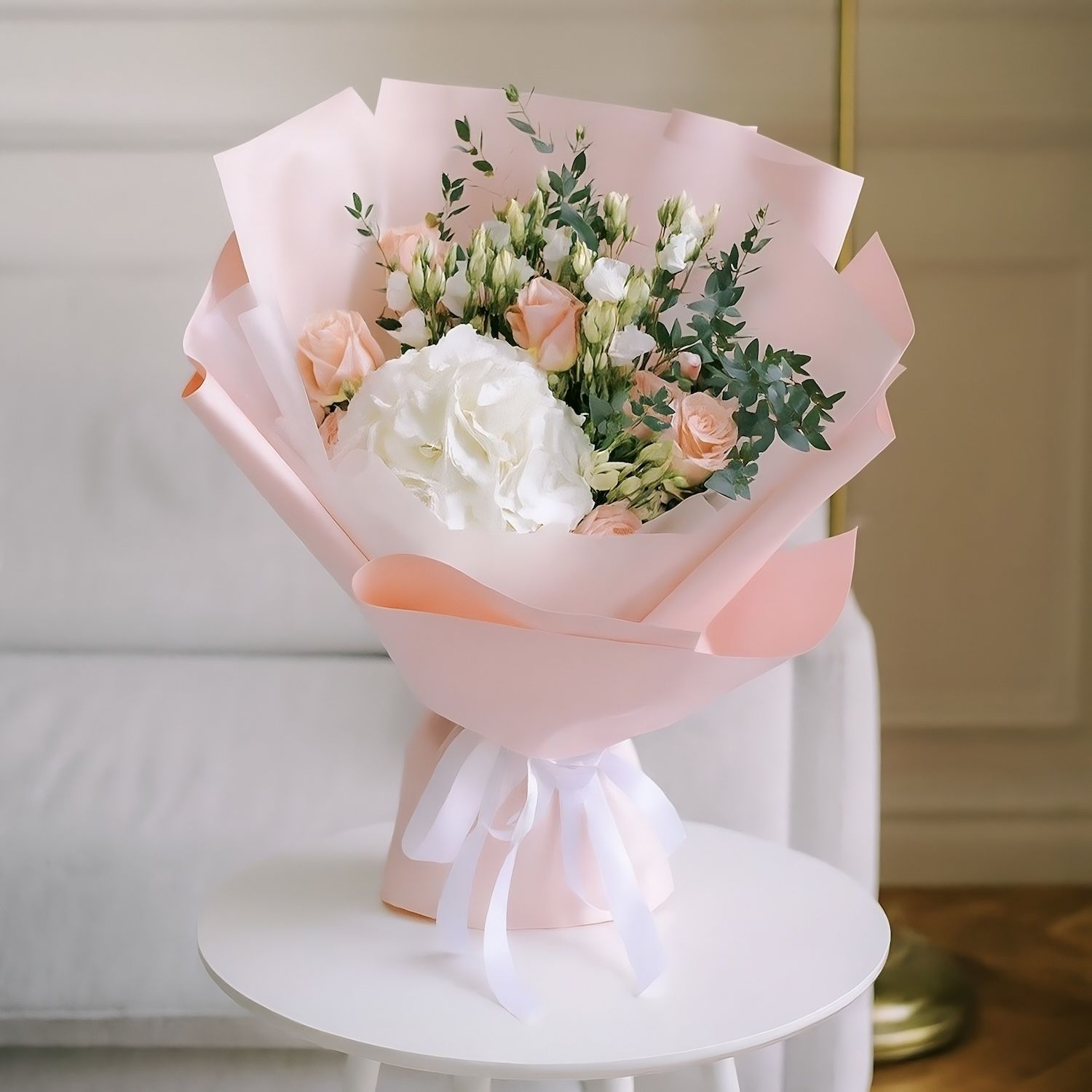 white hydrangea, cream kimberly rose (7 pcs.), white eustoma, eucalyptus, topper, packaging, ribbon