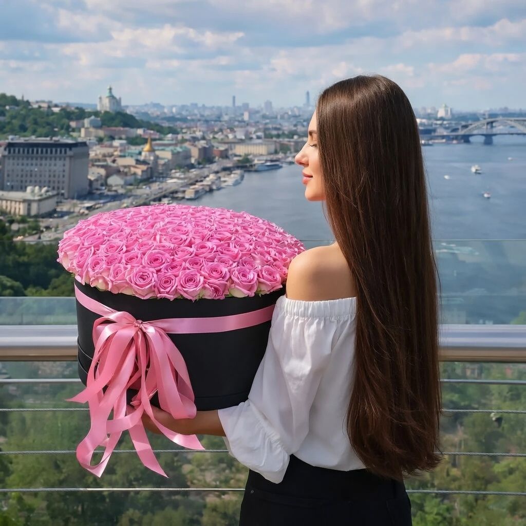 pink rose (101 pcs.), round box, oasis, packaging, ribbon