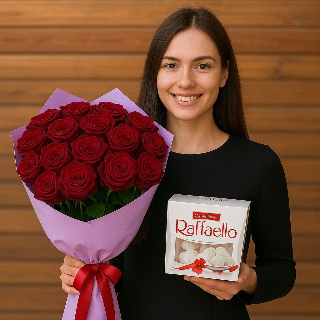 Bouquet 15 red roses + rafaello