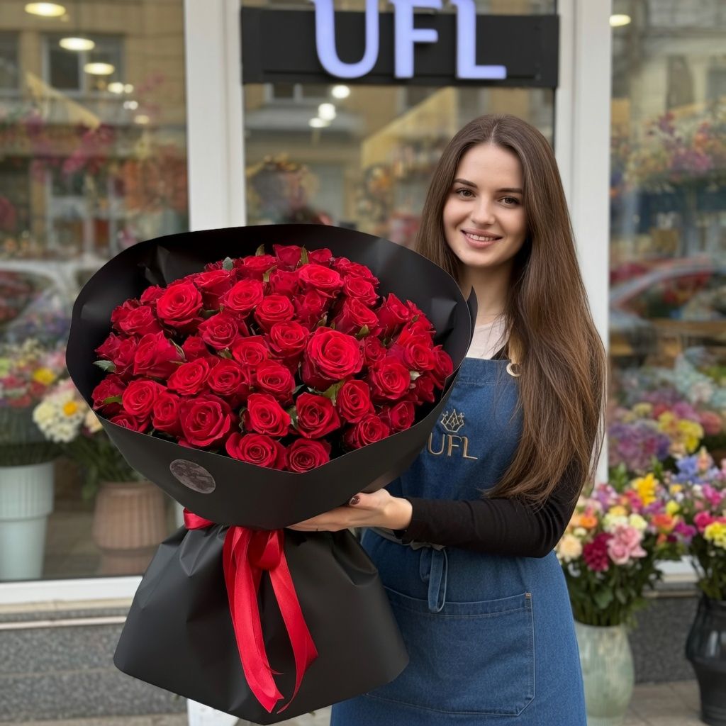 Bouquet 51 red roses in black wrapping