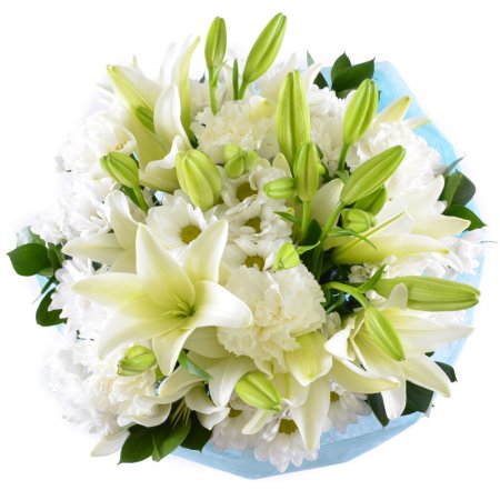 lily, carnation, chrysanthemum (8 pcs.), packaging, ribbon