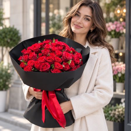 Bouquet 51 red roses in black wrapping