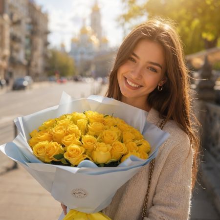 yellow rose (51 pcs.), packaging, ribbon