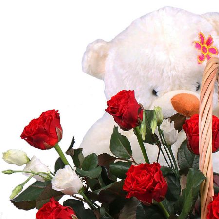 Bouquet Flower Basket with Teddy Bear