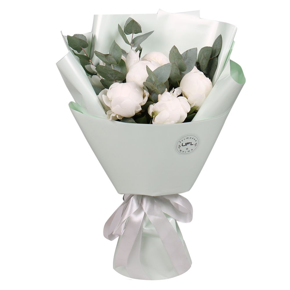peony (7 pcs.), eucalyptus, packaging, ribbon