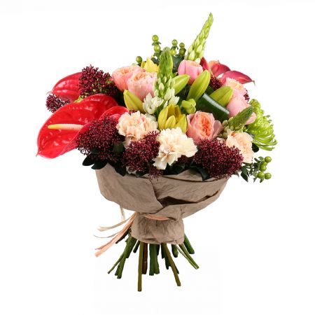 anthurium, calla lily, vuvuzela rose (7 pcs.), ornithogalum, lily, carnation, skimmia, packaging, ribbon