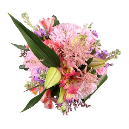 lily, chrysanthemum, astilbe, matiola (7 pcs.), alstroemeria, carnation, packaging, ribbon