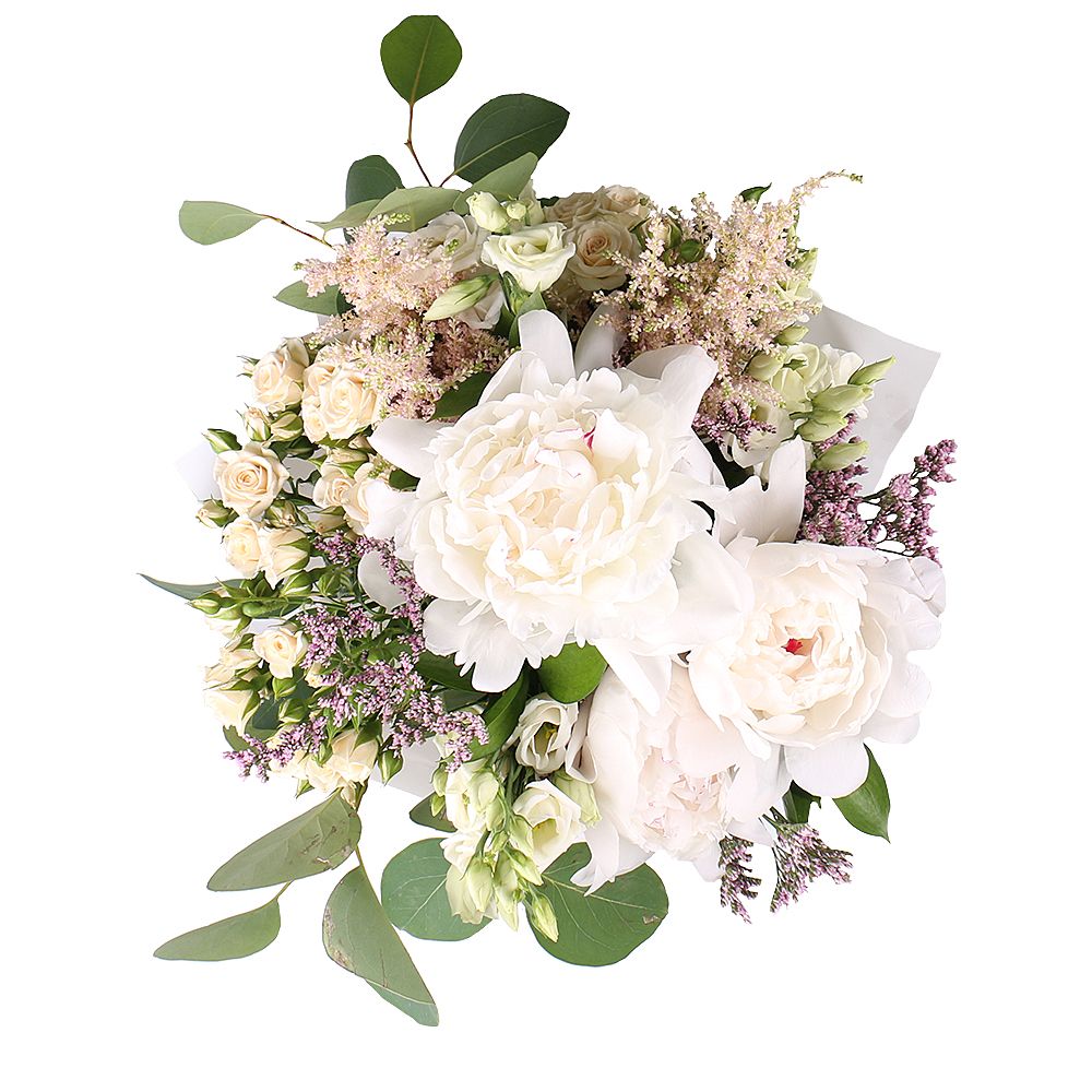 astilbe, limonium, spray rose (3 pcs.), eustoma (2 pcs.), peony (3 pcs.), packaging, ribbon