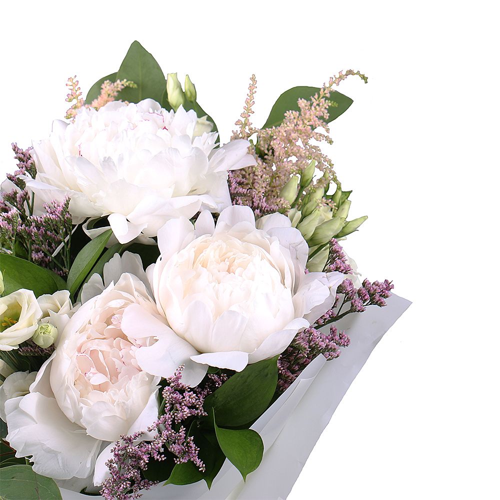 astilbe, limonium, spray rose (3 pcs.), eustoma (2 pcs.), peony (3 pcs.), packaging, ribbon