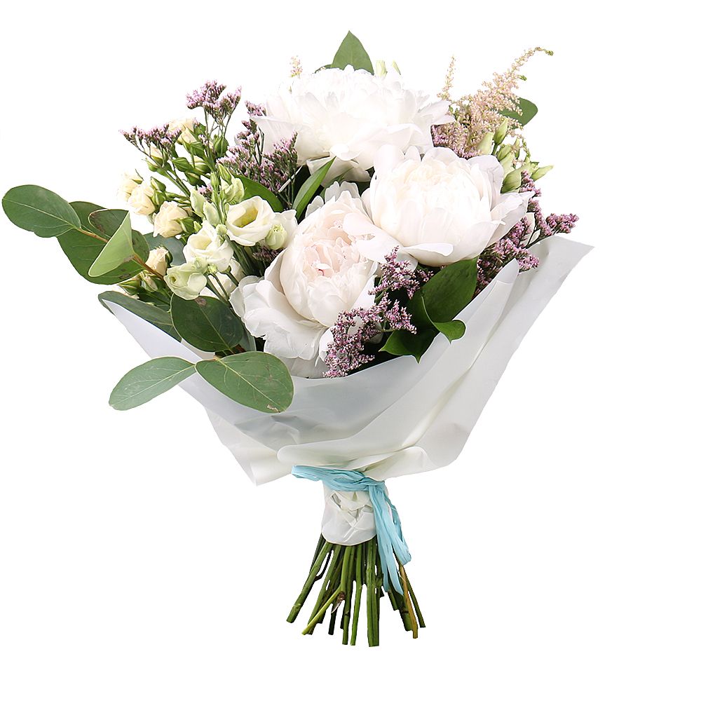 astilbe, limonium, spray rose (3 pcs.), eustoma (2 pcs.), peony (3 pcs.), packaging, ribbon
