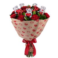 hypericum, ruscus (10 pcs.), teddy bear, rose (11 pcs.), packaging, ribbon