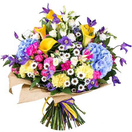 callas, hydrangea, clematis, eustoma, freesia, carnation, packaging, ribbon