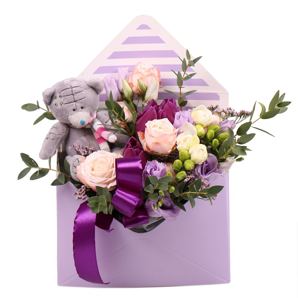 eustoma, limonium, tulip (3 pcs.), freesia, eucalyptus, gray teddy, floral envelope, packaging, ribbon