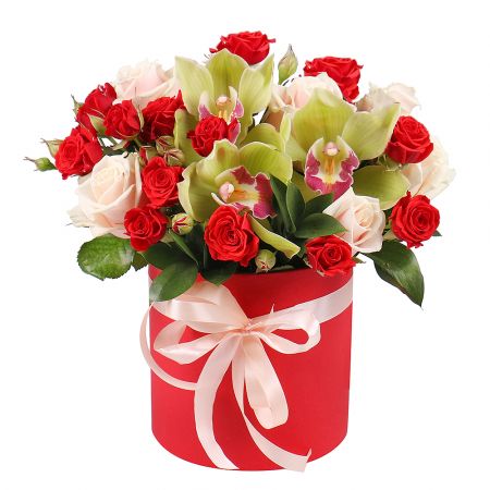 cream rose (7 pcs.), red spray rose, oasis, green cymbidium, round box, packaging, ribbon