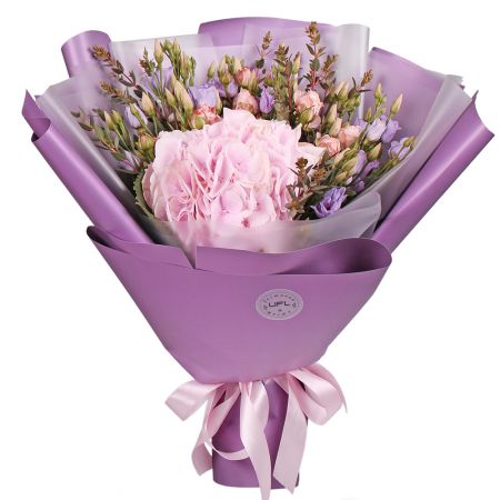 pink hydrangea, eucalyptus, lilac eustoma (5 pcs.), cream spray rose, packaging, ribbon