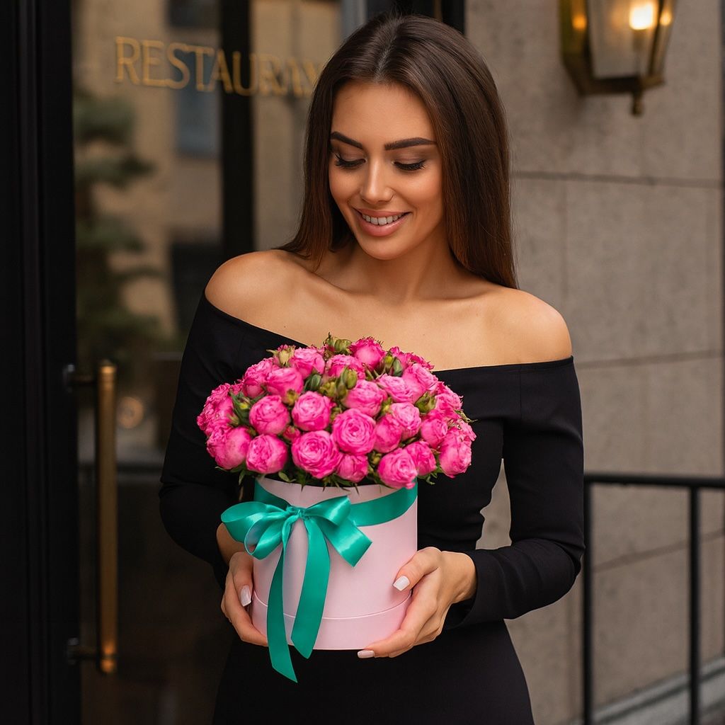 spray roses (9 pcs.), oasis, round box, packaging, ribbon