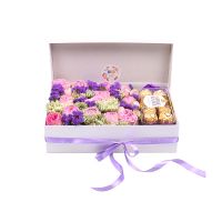 bush rose lavender, oasis, square box, ferrero rocher candies 200 g, blue statice (3 pcs.), white trachelium (3 pcs.), packaging, ribbon