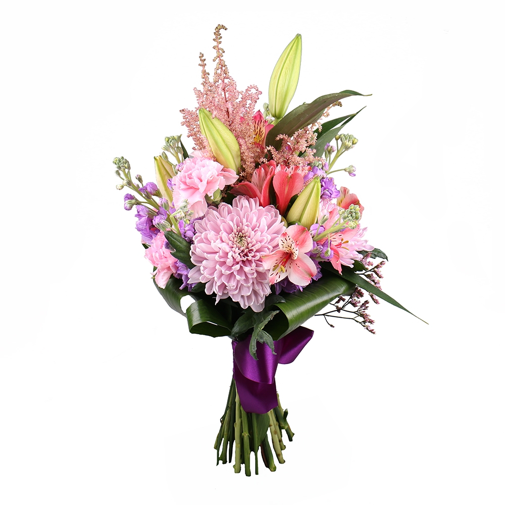 lily, chrysanthemum, astilbe, matiola (7 pcs.), alstroemeria, carnation, packaging, ribbon