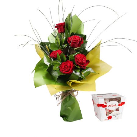 Bouquet 5 red roses + Raffaello
